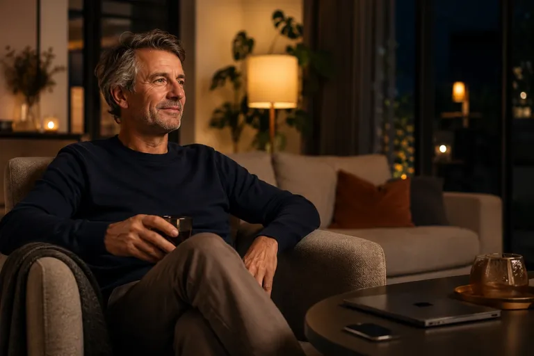 Man zit thuis naast een laptop en telefoon